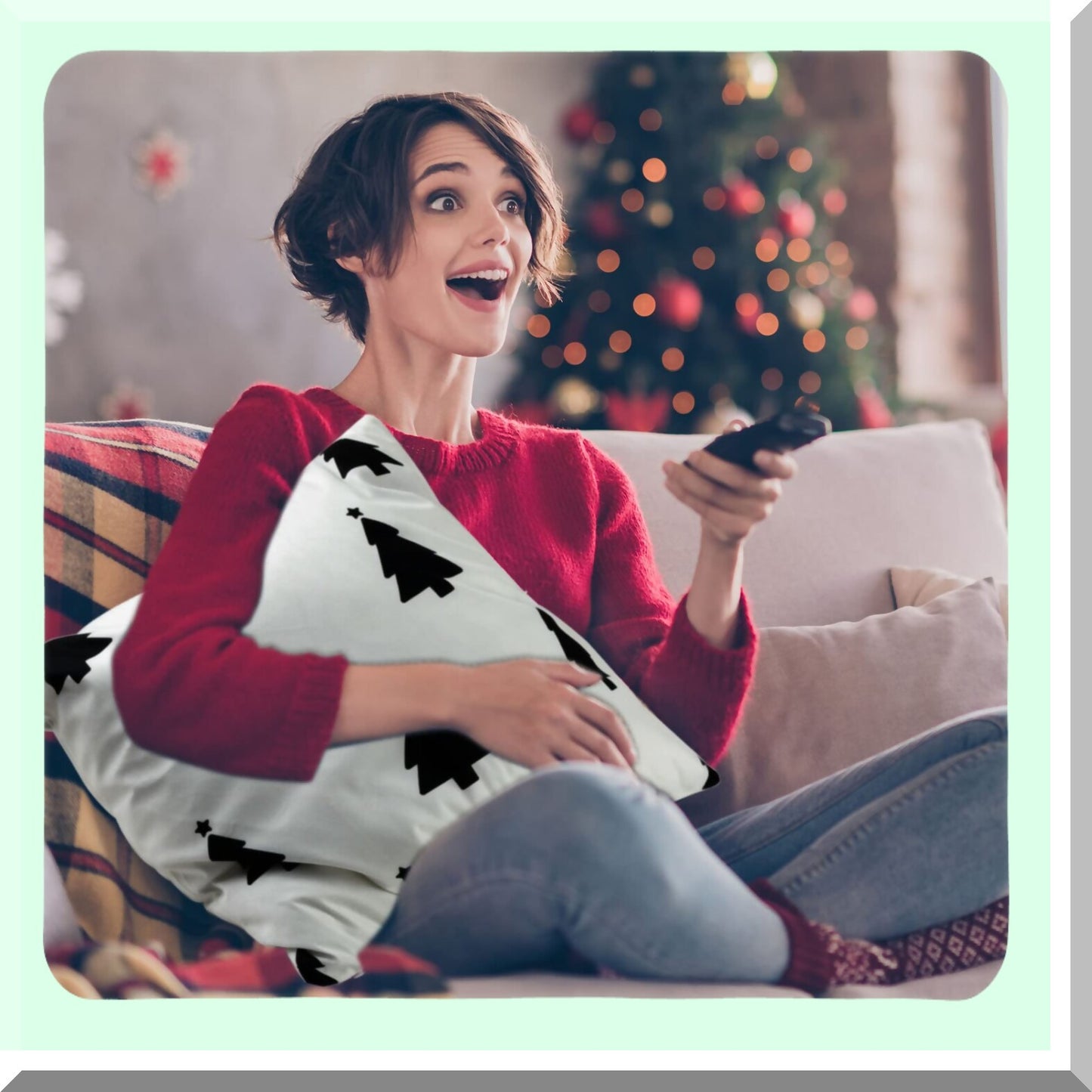 Winter Wonderland Pillow Cover Set - Reindeer, Snowflake, Tree Design - 18x18 Inch Cushion Covers for Sofa & Bed - Retro Christmas Decor - Set of 8