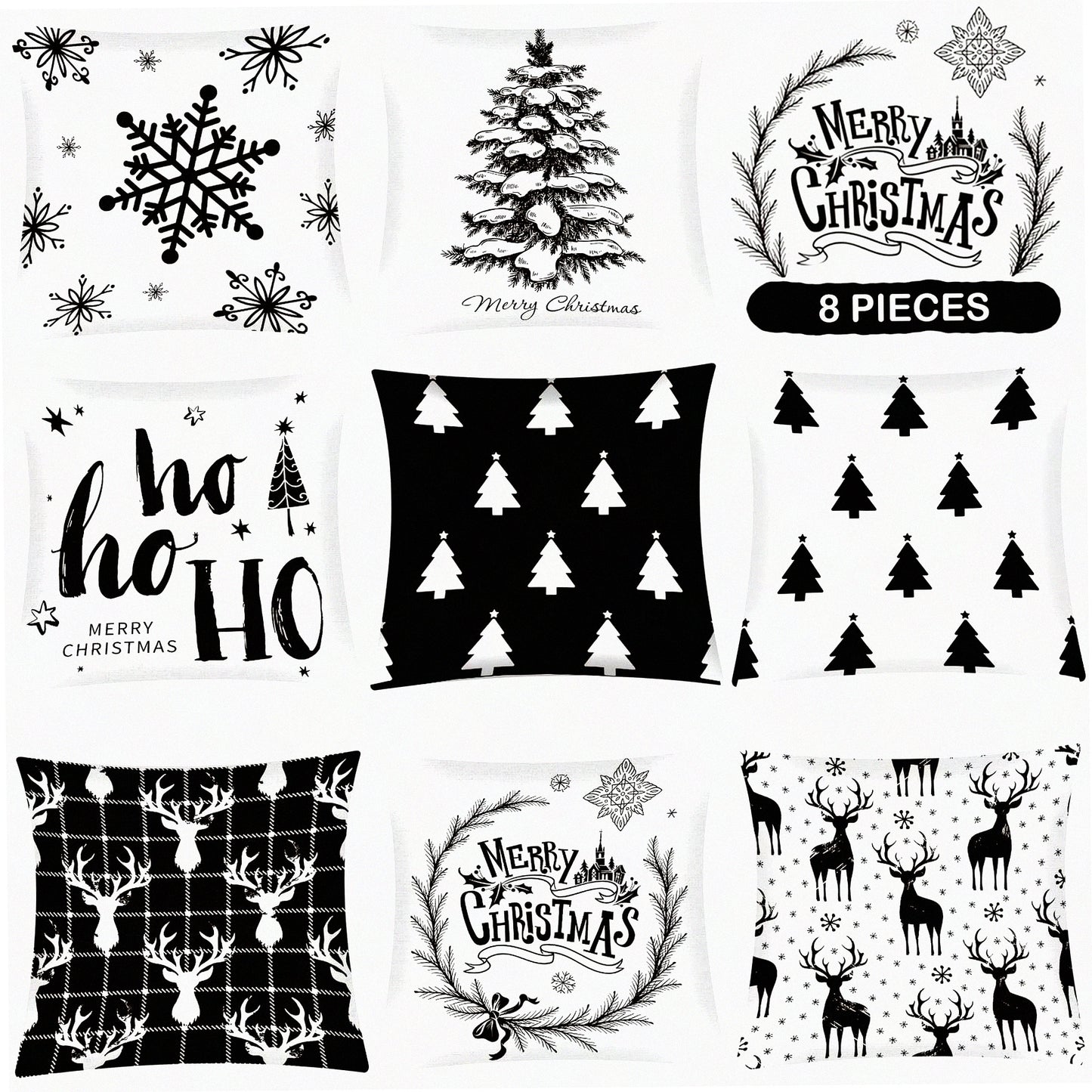 Winter Wonderland Pillow Cover Set - Reindeer, Snowflake, Tree Design - 18x18 Inch Cushion Covers for Sofa & Bed - Retro Christmas Decor - Set of 8