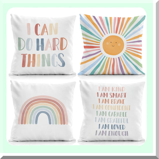 ZenVibe Affirmations Pillow Covers - Set of 4, Inspirational Sayings Decorative Pillowcases for Kids Reading Corner, Boho Classroom 18x18