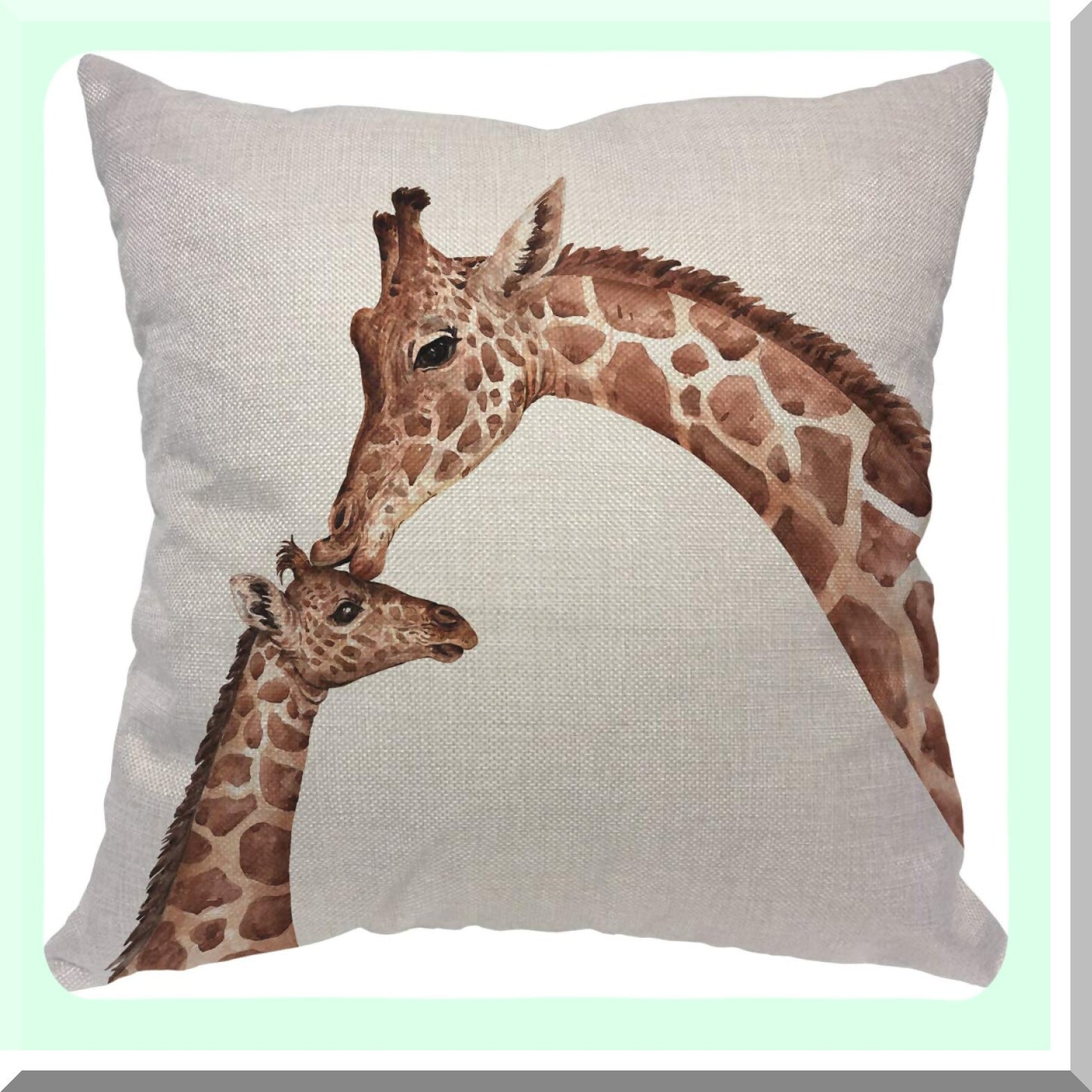 Watercolor Giraffe Love Square Pillow Cover - Funny Cartoon Mum Design for Home & Car Decor - Cute Animal Print Cushion Case 18x18 Inch