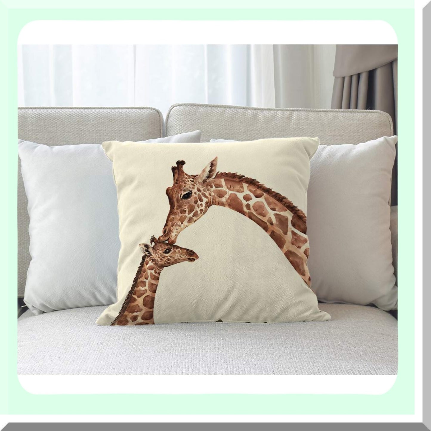 Watercolor Giraffe Love Square Pillow Cover - Funny Cartoon Mum Design for Home & Car Decor - Cute Animal Print Cushion Case 18x18 Inch