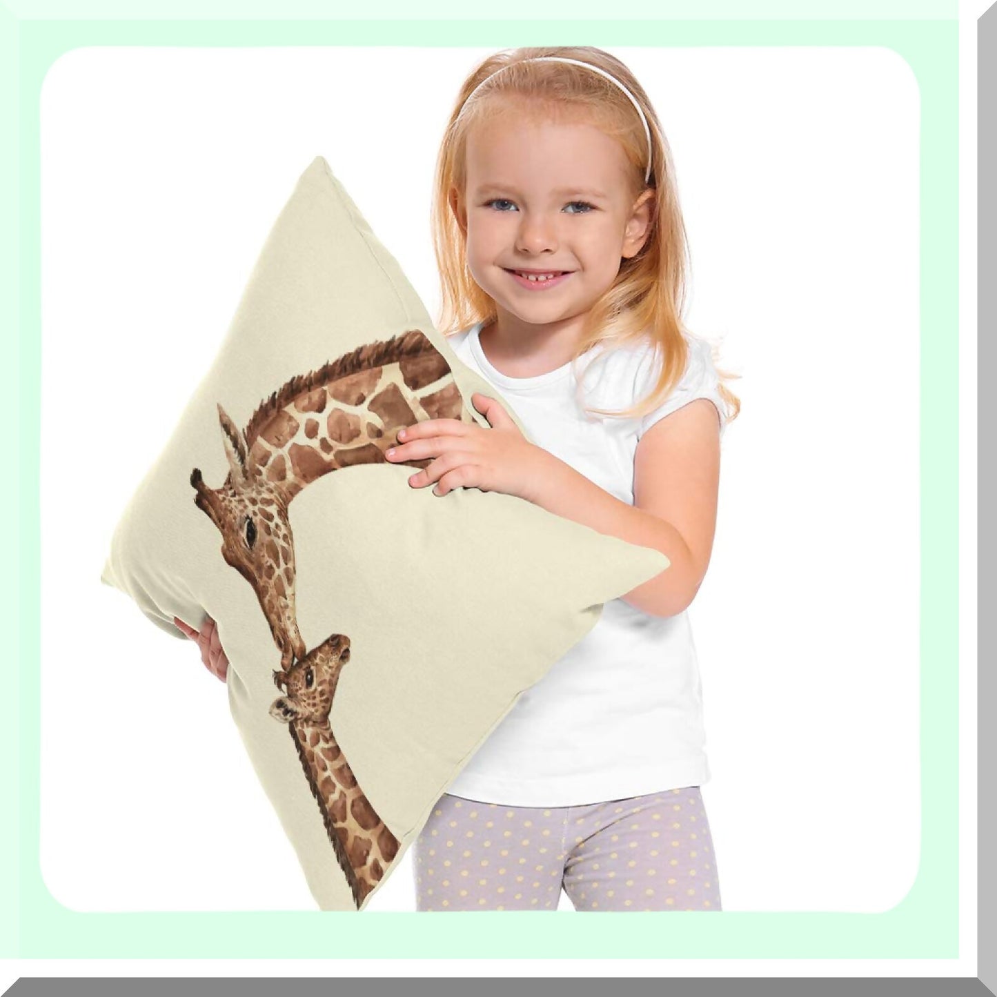 Watercolor Giraffe Love Square Pillow Cover - Funny Cartoon Mum Design for Home & Car Decor - Cute Animal Print Cushion Case 18x18 Inch