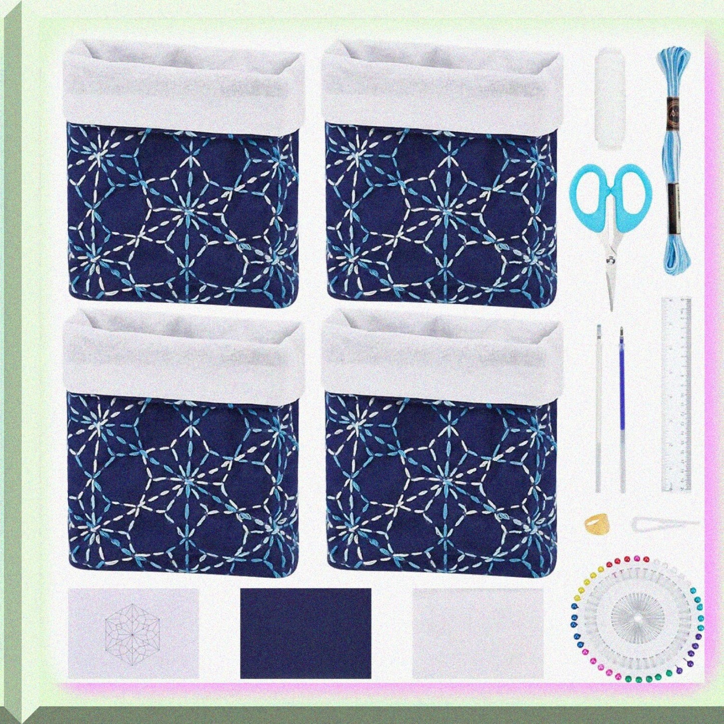 4 Set DIY Sashiko Storage Basket Kit Dark Blue and White