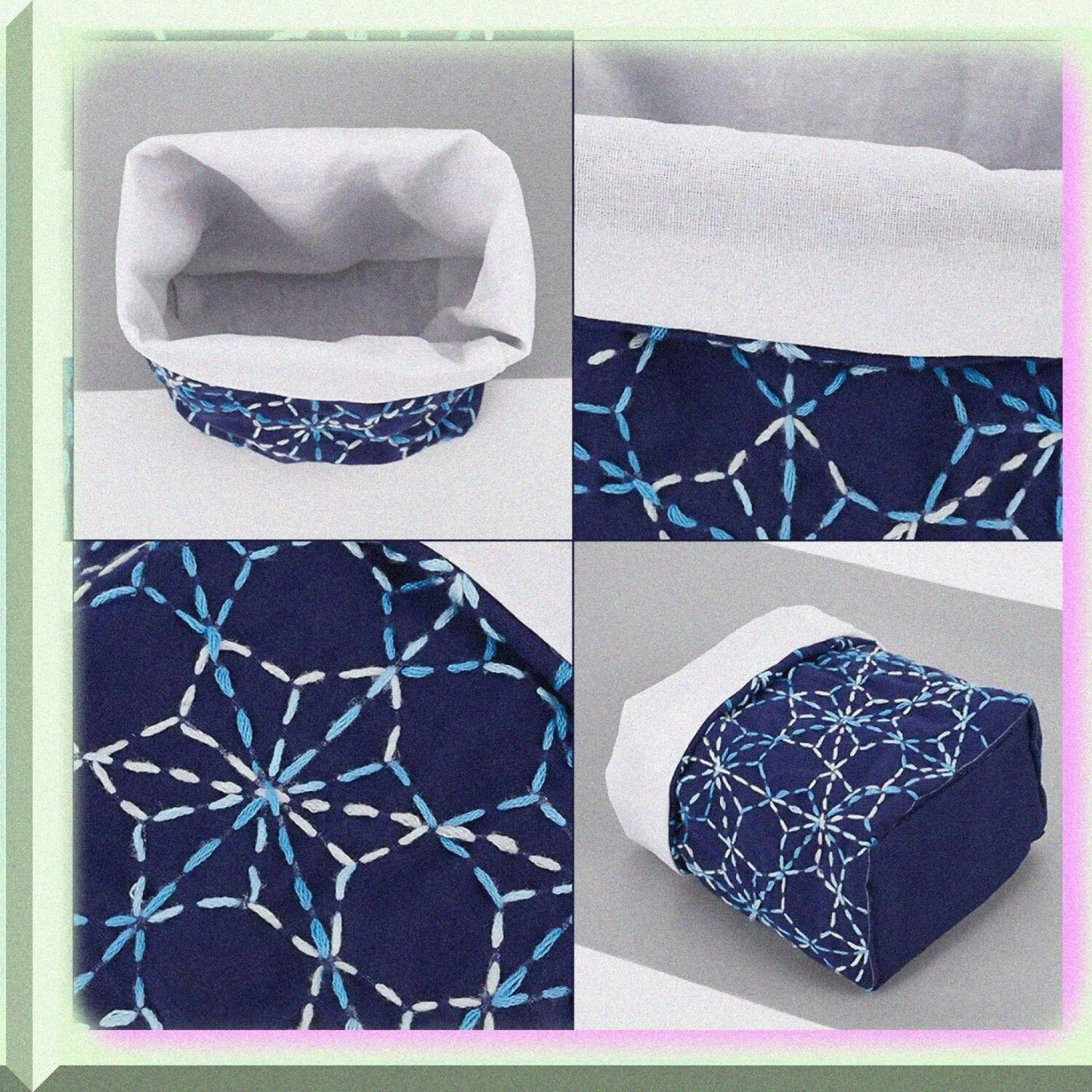 4 Set DIY Sashiko Storage Basket Kit Dark Blue and White