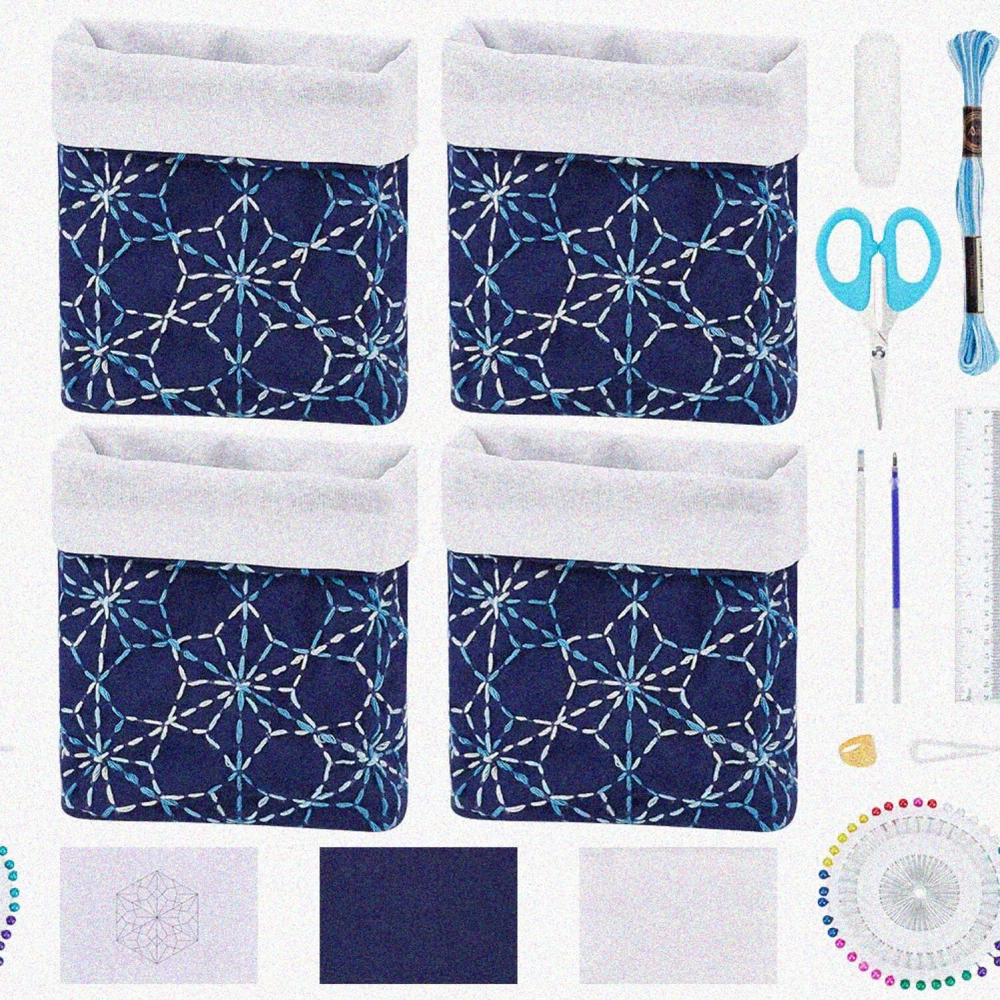 4 Set DIY Sashiko Storage Basket Kit Dark Blue and White