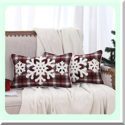 Winter Wonderland Buffalo Plaid Snowflake Lumbar Pillow Covers - Set of 2 Red - Holiday Decor for Home Couch Bed Sofa - 12X20 Embroidery Decorations