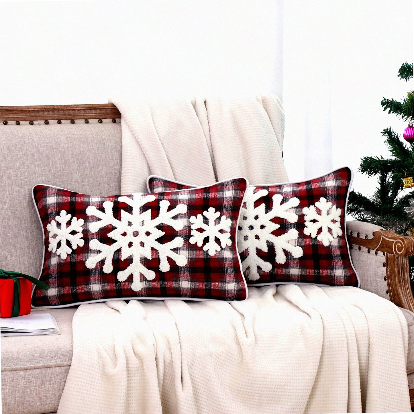 Winter Wonderland Buffalo Plaid Snowflake Lumbar Pillow Covers - Set of 2 Red - Holiday Decor for Home Couch Bed Sofa - 12X20 Embroidery Decorations