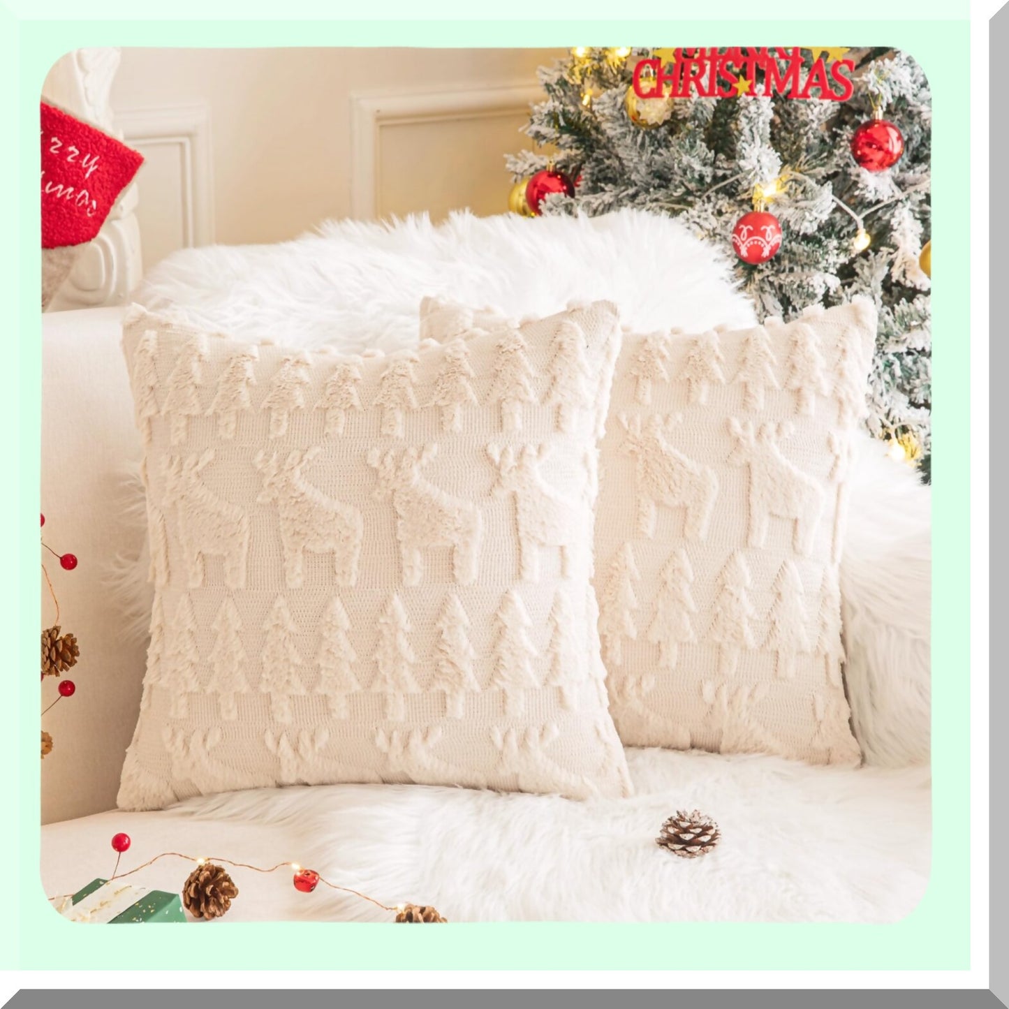 Winter Wonderland Elk Pillow Covers - Set of 2 18x18 Inch Cream Beige Xmas Decorative Throw Pillows for Couch Sofa. Add a touch of holiday magic to your home decor!