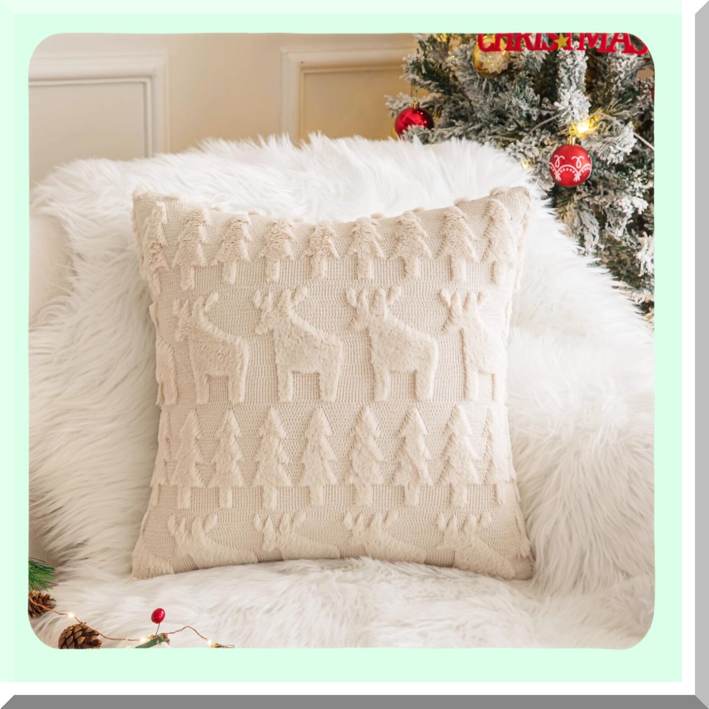 Winter Wonderland Elk Pillow Covers - Set of 2 18x18 Inch Cream Beige Xmas Decorative Throw Pillows for Couch Sofa. Add a touch of holiday magic to your home decor!