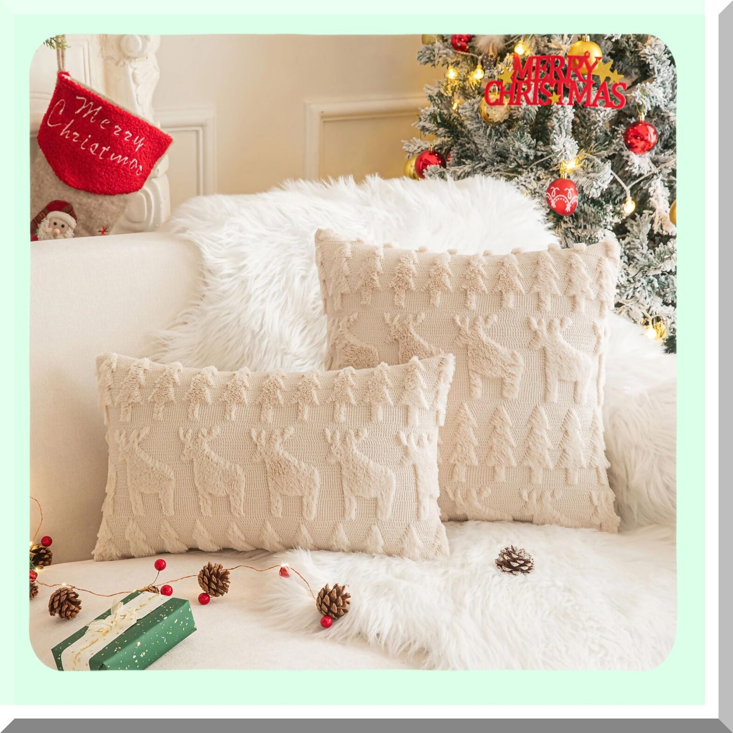 Winter Wonderland Elk Pillow Covers - Set of 2 18x18 Inch Cream Beige Xmas Decorative Throw Pillows for Couch Sofa. Add a touch of holiday magic to your home decor!