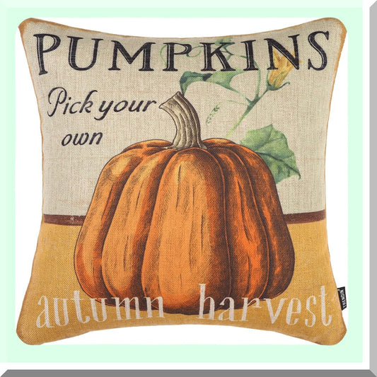 Fall Harvest Linen Pillow Cover - Vintage Rustic Autumn Decor - 18X18 Square Cushion Case for Couch and Sofa - PL1096TR