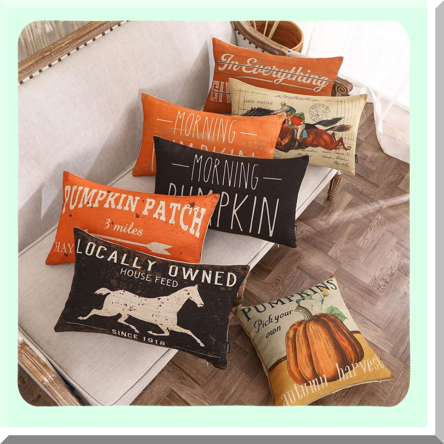 Fall Harvest Linen Pillow Cover - Vintage Rustic Autumn Decor - 18X18 Square Cushion Case for Couch and Sofa - PL1096TR