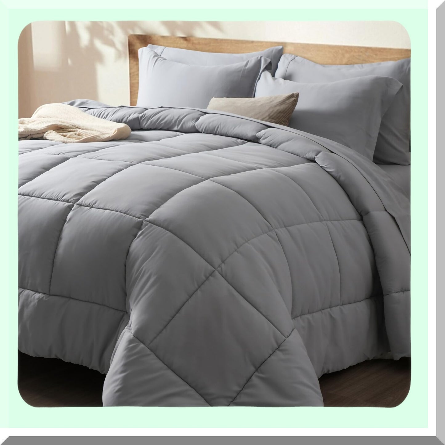 UltraSoft Grey Queen Comforter Set - 7 Piece Bedding Bundle with Sheets, Pillowcases, Shams - All Season Noiseless Bed in a Bag - 18" Sheet Set
