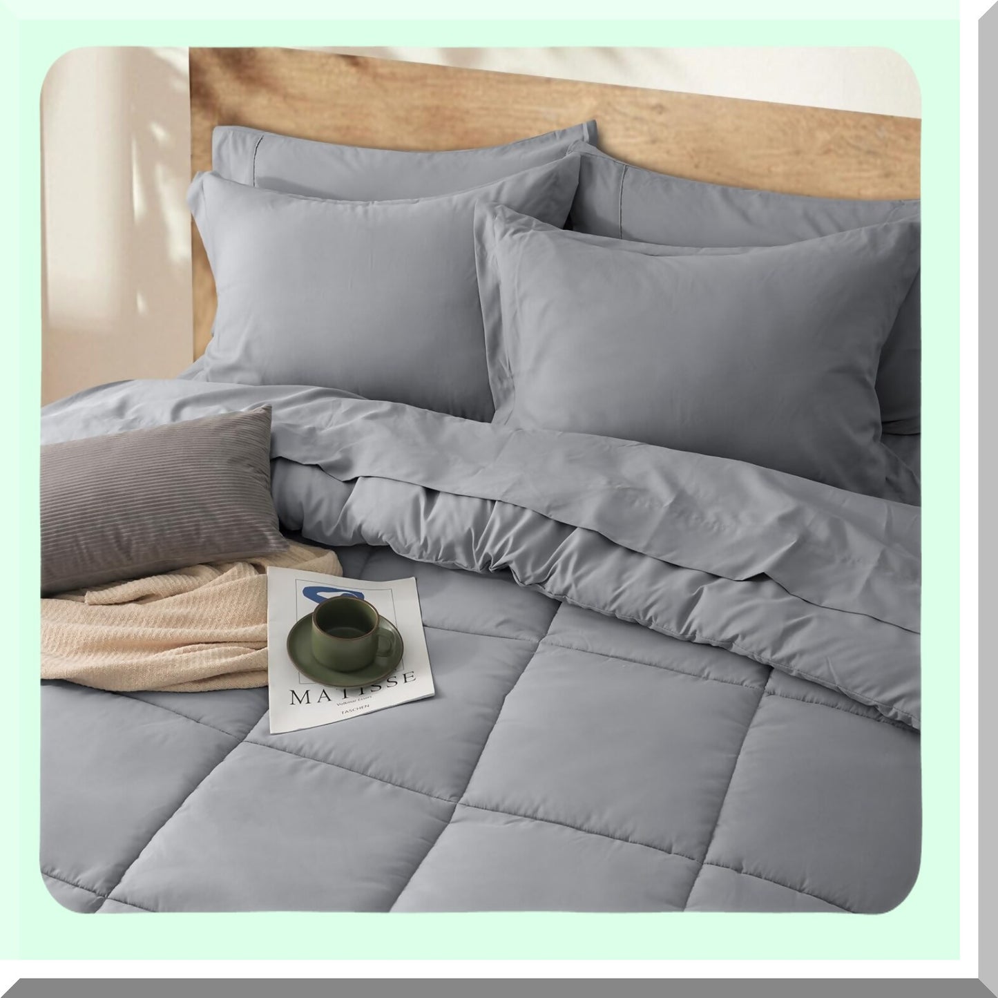 UltraSoft Grey Queen Comforter Set - 7 Piece Bedding Bundle with Sheets, Pillowcases, Shams - All Season Noiseless Bed in a Bag - 18" Sheet Set