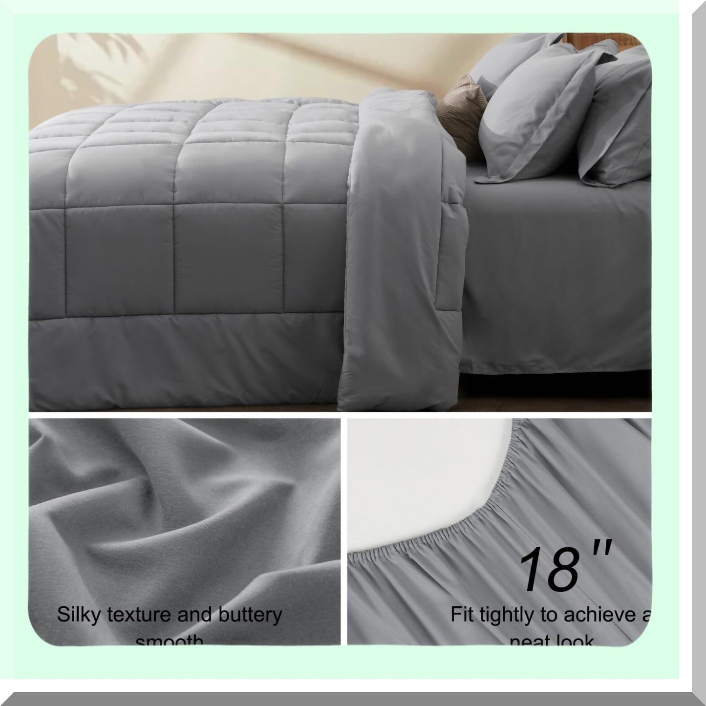 UltraSoft Grey Queen Comforter Set - 7 Piece Bedding Bundle with Sheets, Pillowcases, Shams - All Season Noiseless Bed in a Bag - 18" Sheet Set