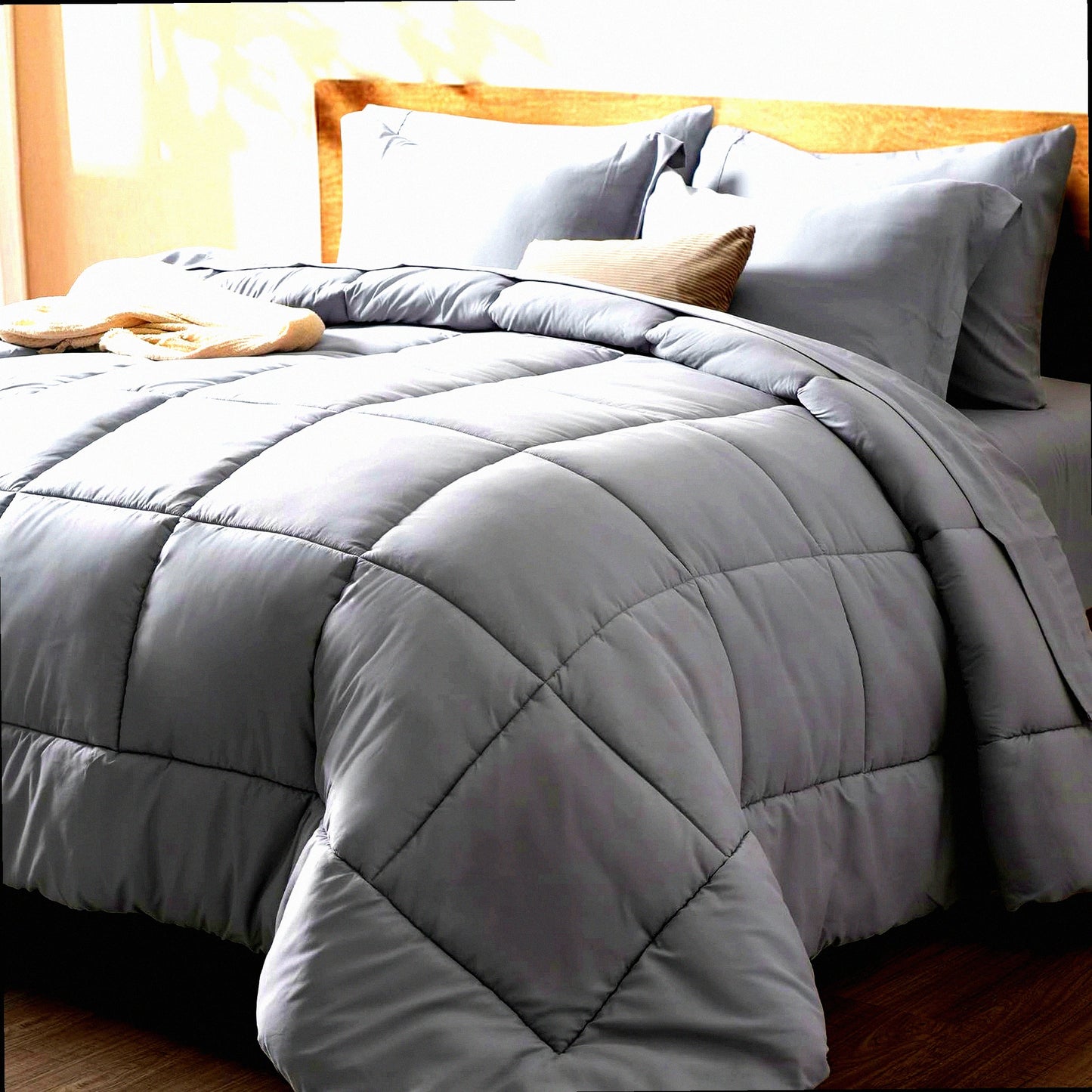 UltraSoft Grey Queen Comforter Set - 7 Piece Bedding Bundle with Sheets, Pillowcases, Shams - All Season Noiseless Bed in a Bag - 18" Sheet Set