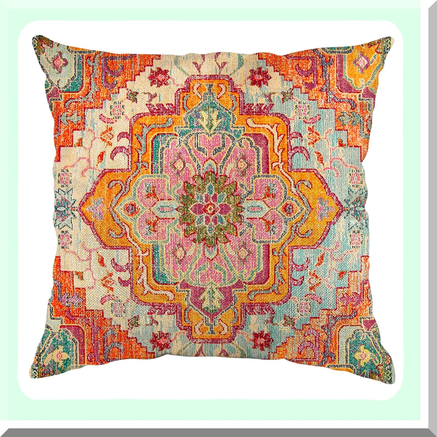 Boho Vintage Ethnic Orange Pillowcase - Decorative Throw Pillow Cover with Carpet Pattern, Antique Style Home Decor - Square 16x16 Inches
