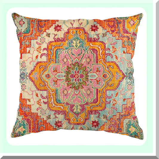 Boho Vintage Ethnic Orange Pillowcase - Decorative Throw Pillow Cover with Carpet Pattern, Antique Style Home Decor - Square 16x16 Inches