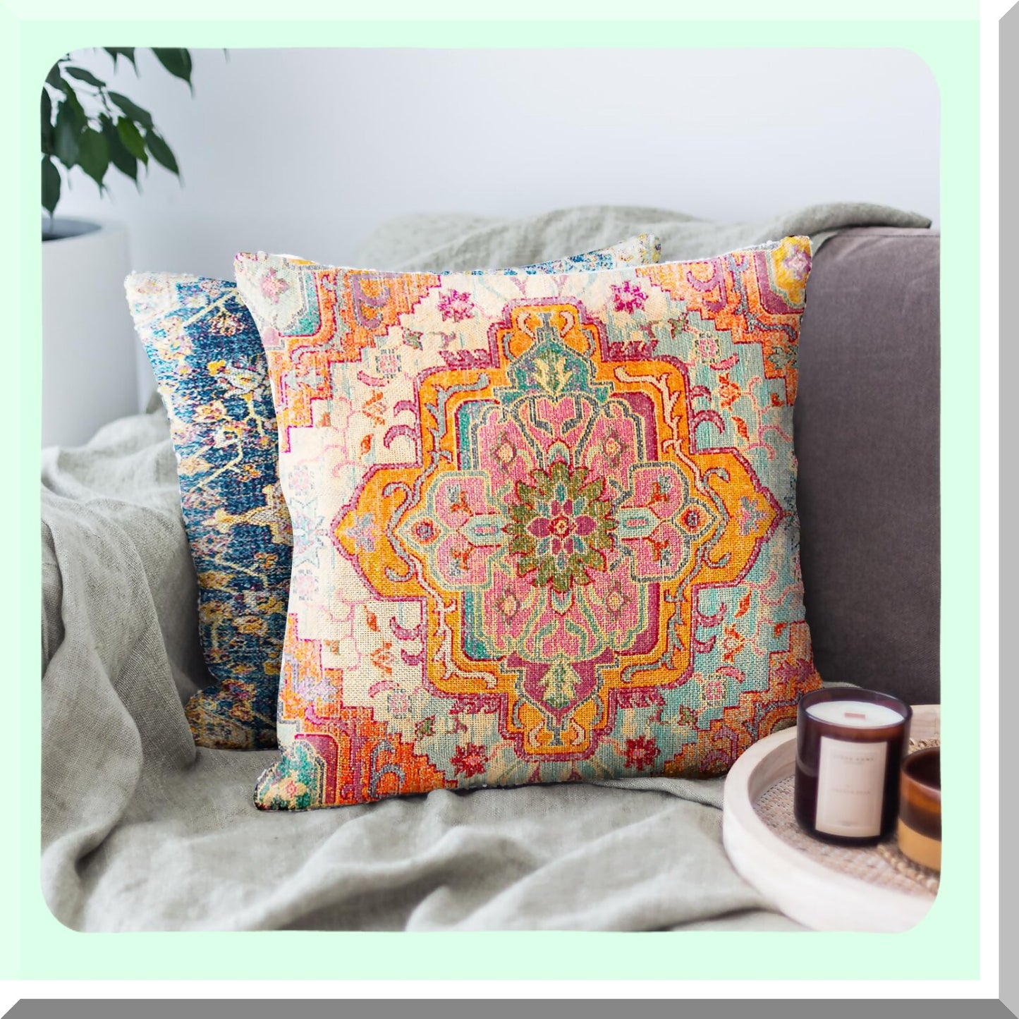 Boho Vintage Ethnic Orange Pillowcase - Decorative Throw Pillow Cover with Carpet Pattern, Antique Style Home Decor - Square 16x16 Inches