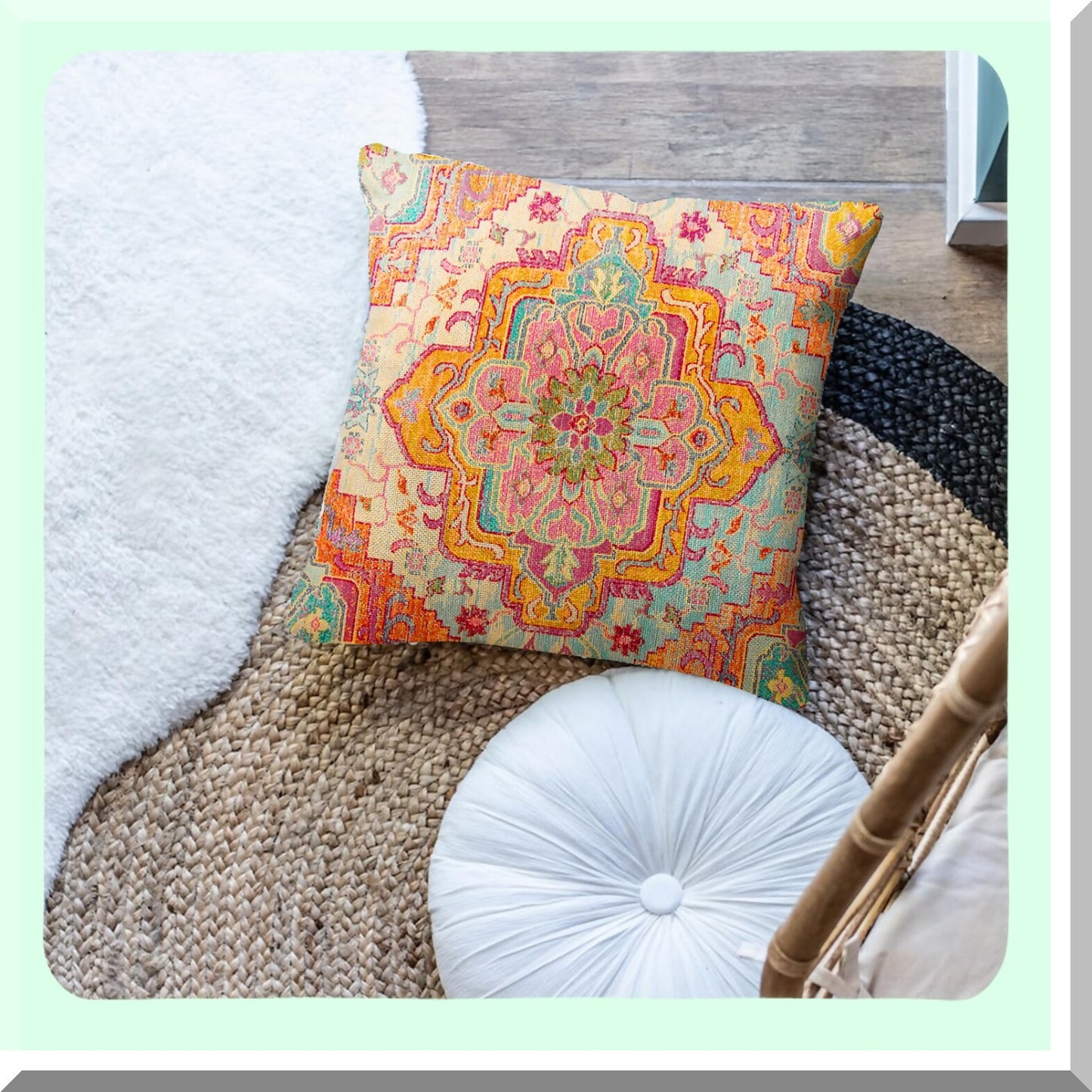 Boho Vintage Ethnic Orange Pillowcase - Decorative Throw Pillow Cover with Carpet Pattern, Antique Style Home Decor - Square 16x16 Inches