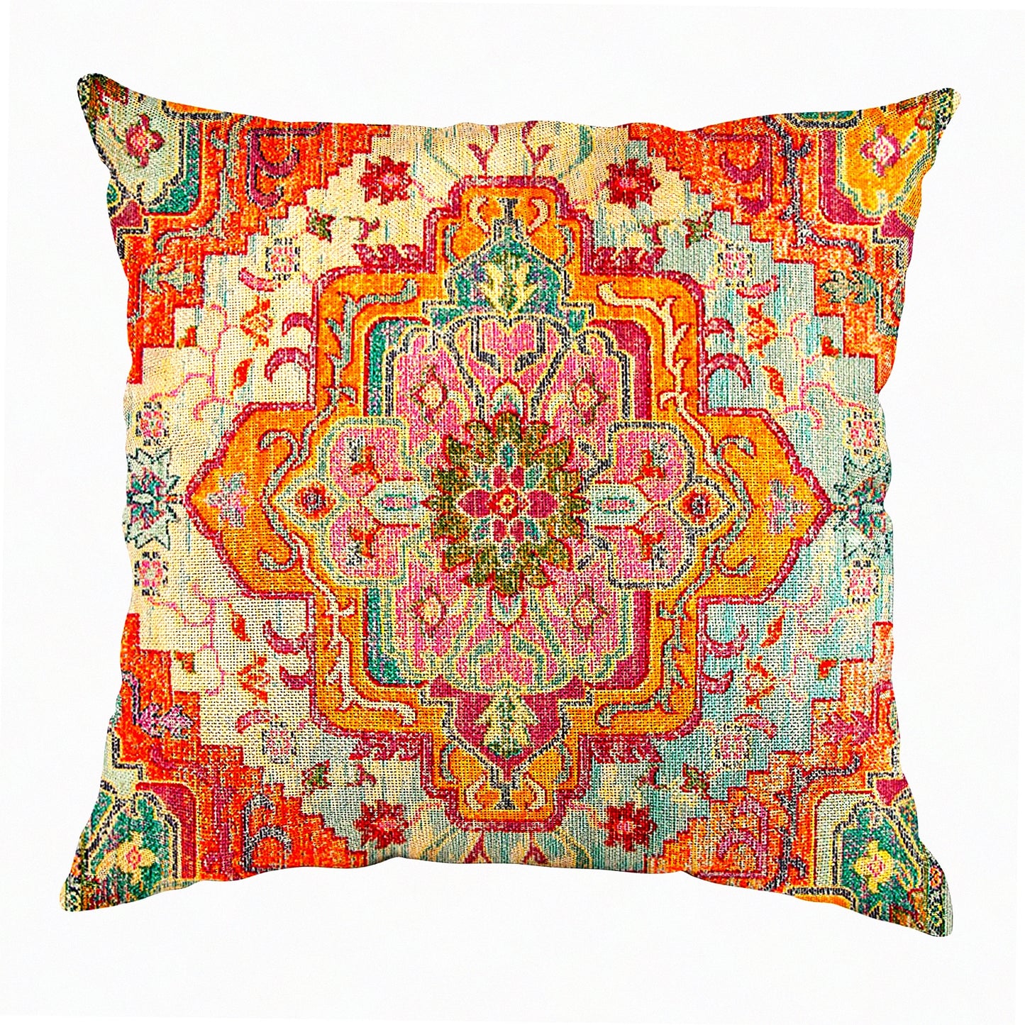 Boho Vintage Ethnic Orange Pillowcase - Decorative Throw Pillow Cover with Carpet Pattern, Antique Style Home Decor - Square 16x16 Inches