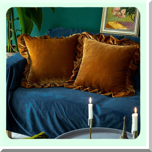 Luxury Velvet Golden Camel Pillow Covers - Set of 2 | Soft Decorative Square Cushion Cases for Sofa Couch & Bedroom | Farmhouse Style 18x18 Inches