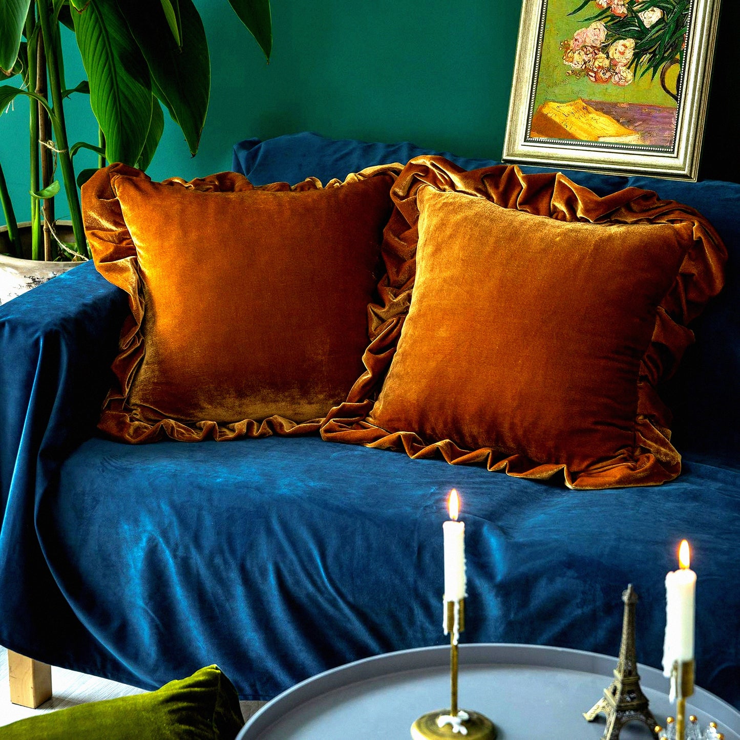 Luxury Velvet Golden Camel Pillow Covers - Set of 2 | Soft Decorative Square Cushion Cases for Sofa Couch & Bedroom | Farmhouse Style 18x18 Inches