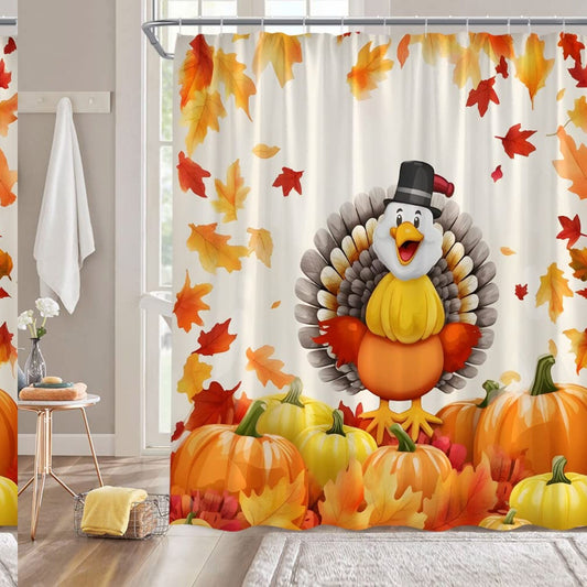 Thanksgiving Turkey Fall Pumpkin Maple Leaves Shower Curtain