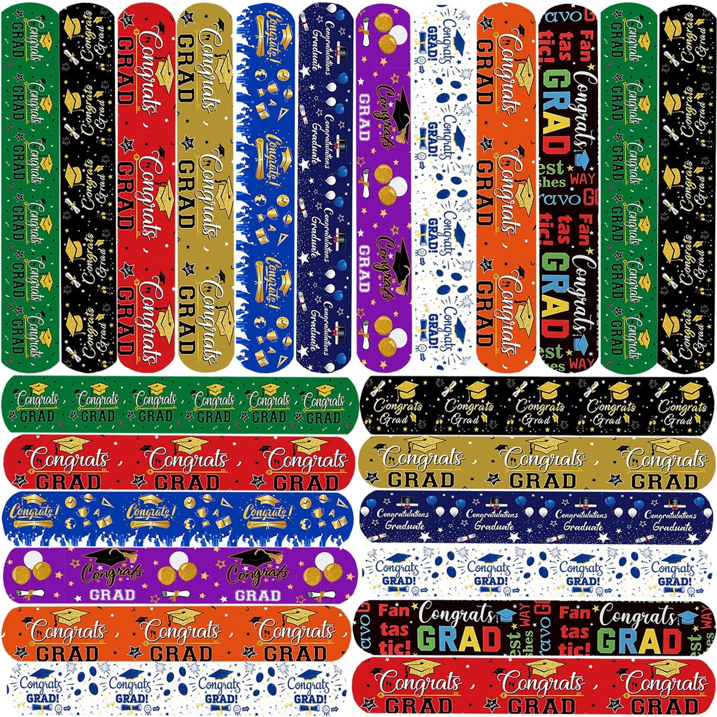 Graduation Party Slap Bands - 50Pcs Wristbands for Kids Birthday, School Clroom Gifts, Prize Rewards. Gongrats Decoration Supplies & Goody Bag Filler.