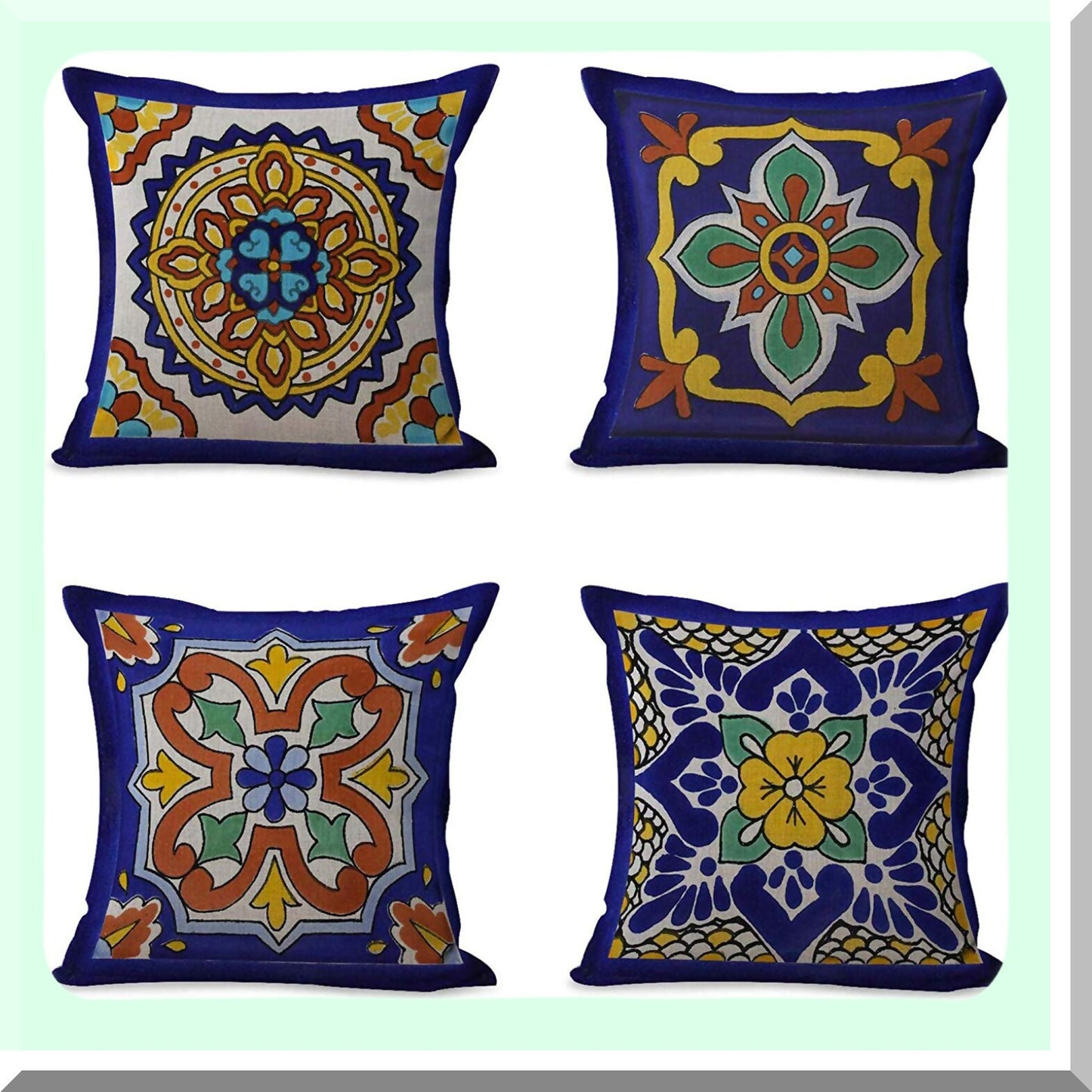 Exotic Geometry Linen Pillow Covers - Set of 4 Spanish Talavera Dark Retro Ethnic Home Decor 18"x18" Flax Cushion Cases Square Pillowcases