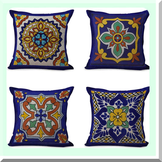 Exotic Geometry Linen Pillow Covers - Set of 4 Spanish Talavera Dark Retro Ethnic Home Decor 18"x18" Flax Cushion Cases Square Pillowcases