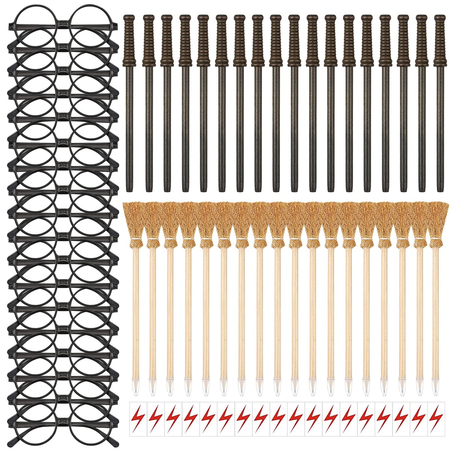 Magic Party Pack - Wizard Wand Pencils, Broom Pencils, Lightning Glasses, Round Frame Glasses, Birthday Decorations & Accessories for Teens - 72 PCS