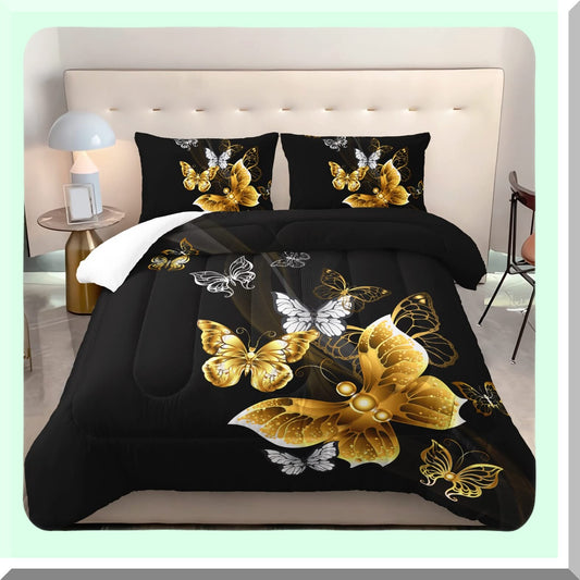 Black Gold Butterfly Aesthetics Comforter Set - Full Size Quilt Duvet with 2 Pillowcases for Adults - Luxurious Bedding Set with Butterflies Theme