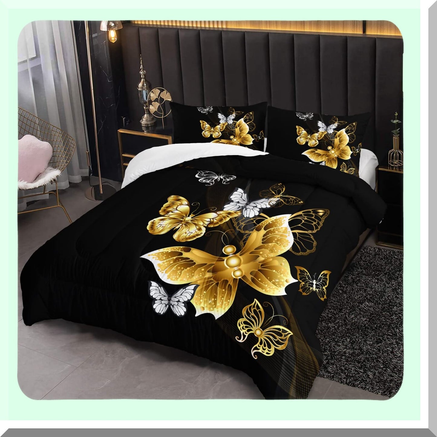 Black Gold Butterfly Aesthetics Comforter Set - Full Size Quilt Duvet with 2 Pillowcases for Adults - Luxurious Bedding Set with Butterflies Theme