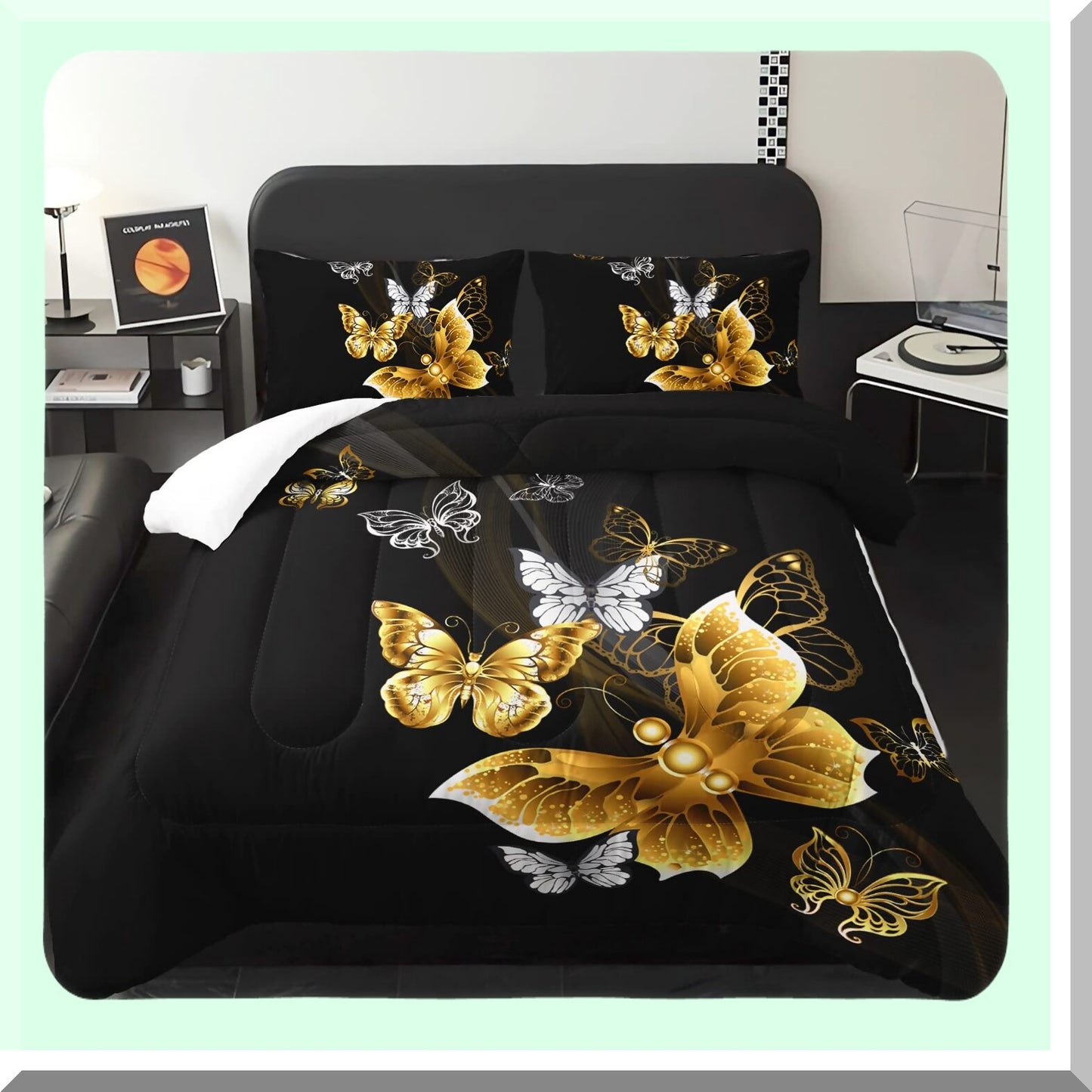 Black Gold Butterfly Aesthetics Comforter Set - Full Size Quilt Duvet with 2 Pillowcases for Adults - Luxurious Bedding Set with Butterflies Theme