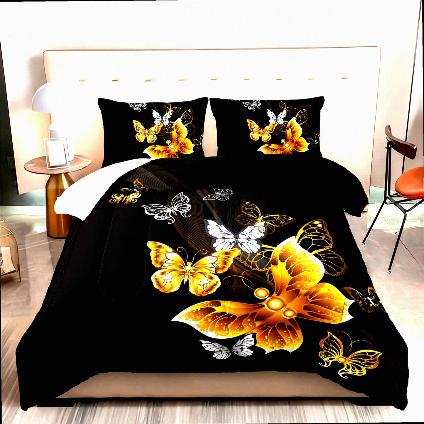 Black Gold Butterfly Aesthetics Comforter Set - Full Size Quilt Duvet with 2 Pillowcases for Adults - Luxurious Bedding Set with Butterflies Theme