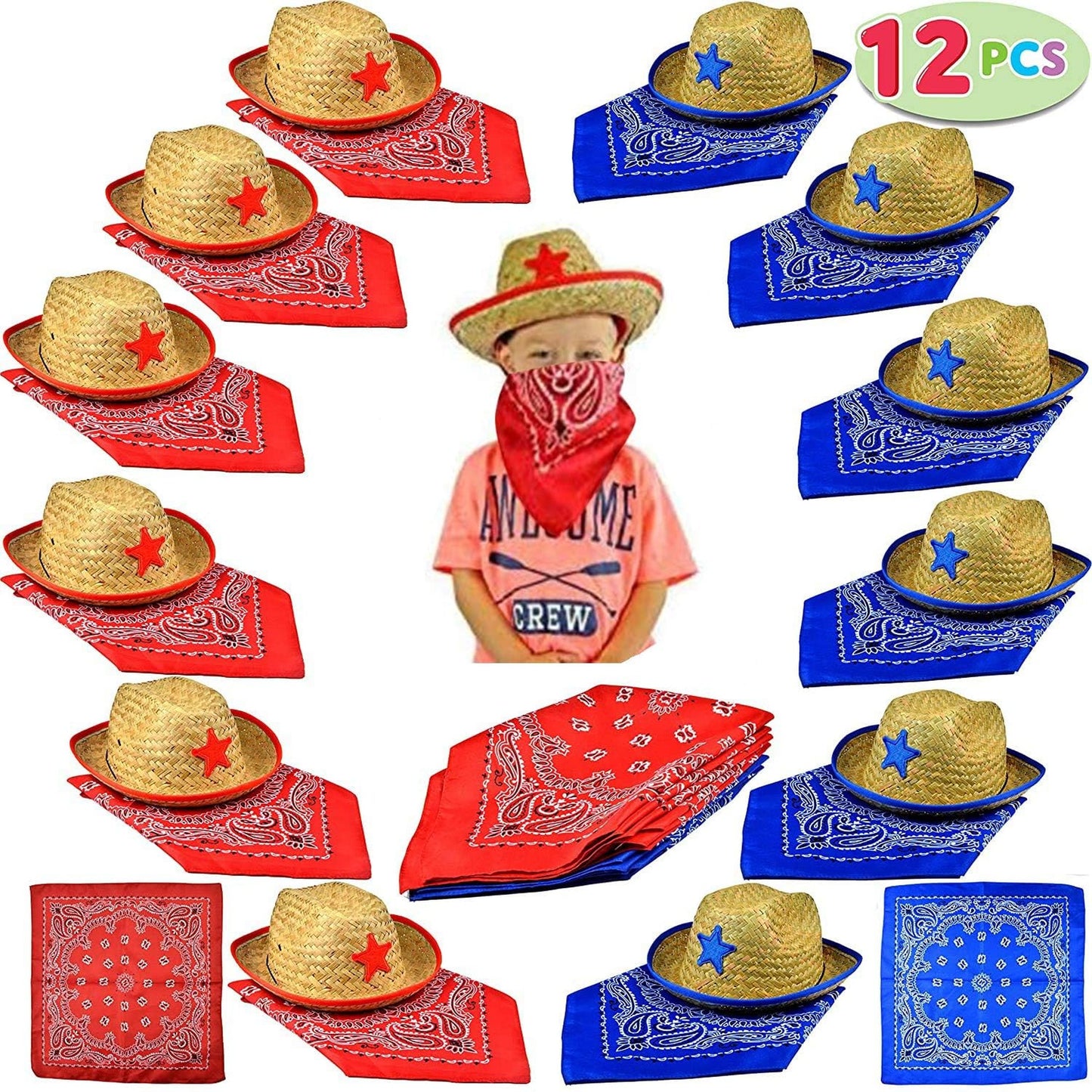 Child's Straw Cowboy Hats and Bandanas Pack of 12