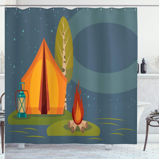 Camping Shower Curtain 69x84 in Forest Night Sky Cartoon Print