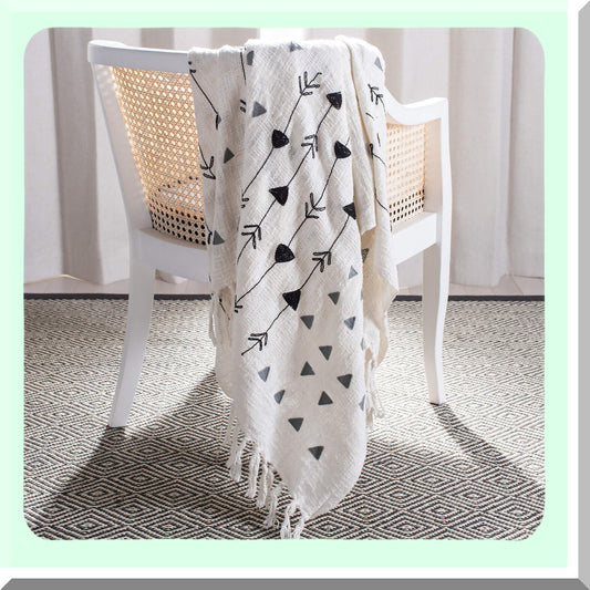 CozyLux Reversible Fringe Throw Blanket - Soft Grey & White Striped Design