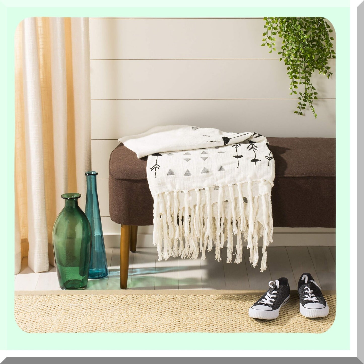 CozyLux Reversible Fringe Throw Blanket - Soft Grey & White Striped Design