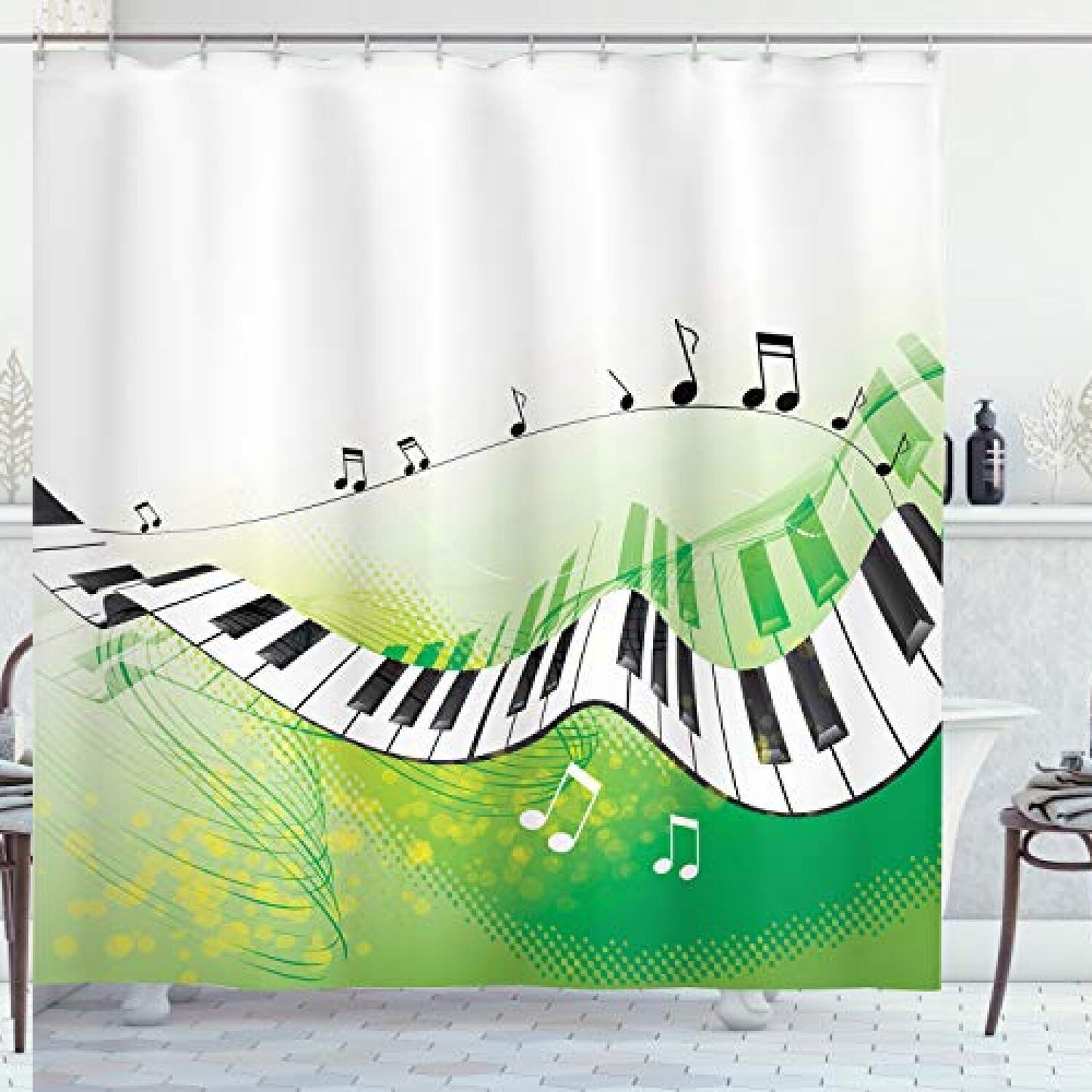 Music Shower Curtain with Piano Keys and Fingerboard Design