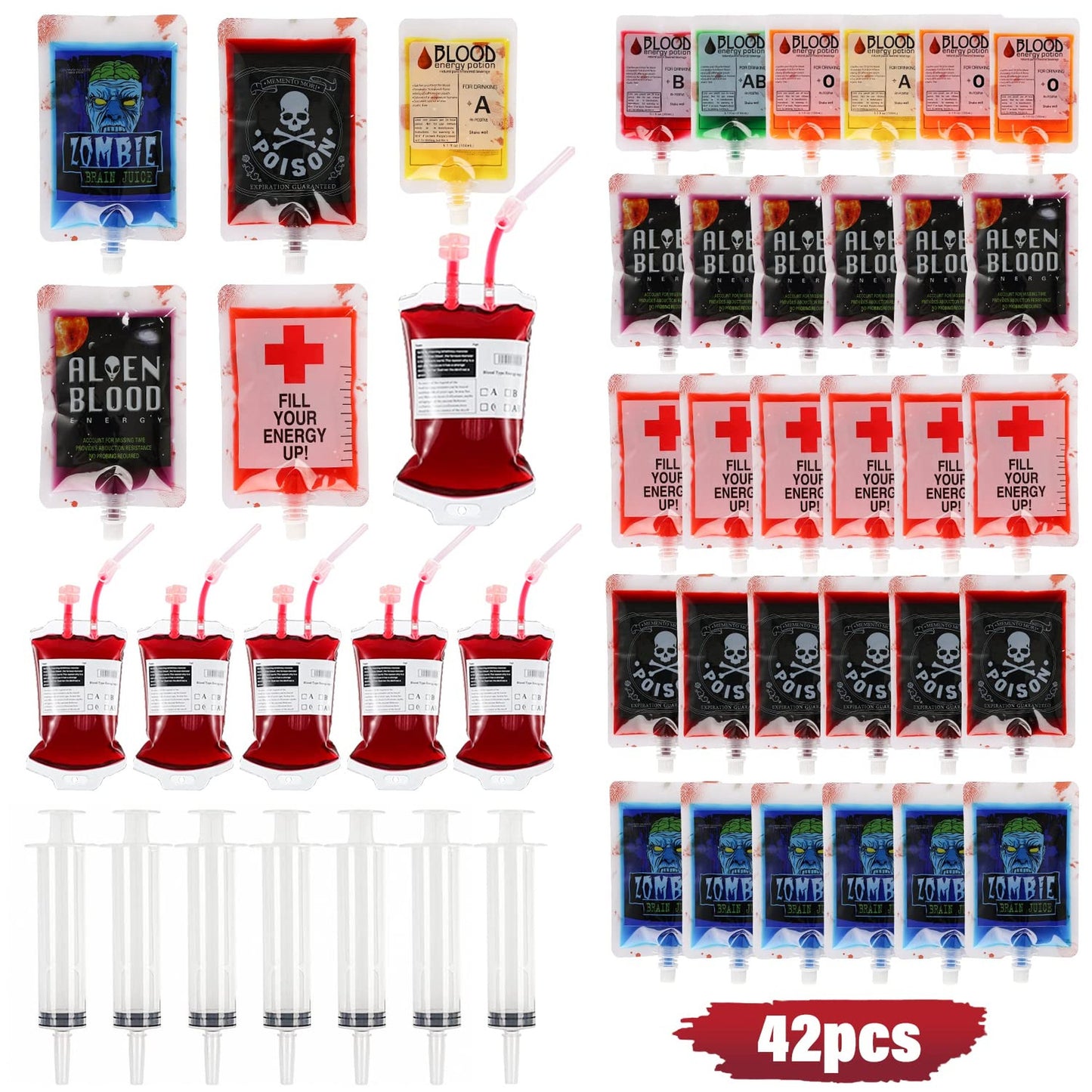 Zombie Blood Drink Kit - 42PCS Reusable Blood Bags & Syringes Party Set for Halloween Decorations & Zombie Props - Party Supplies & Favors