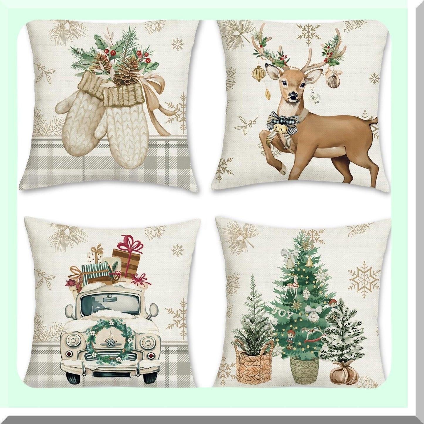 Frosty Forest Holiday Pillow Covers - Set of 4 Winter Reindeer 18x18 Inch Decorative Pillows for Sofa Couch Home Decor with Tree Truck Gloves