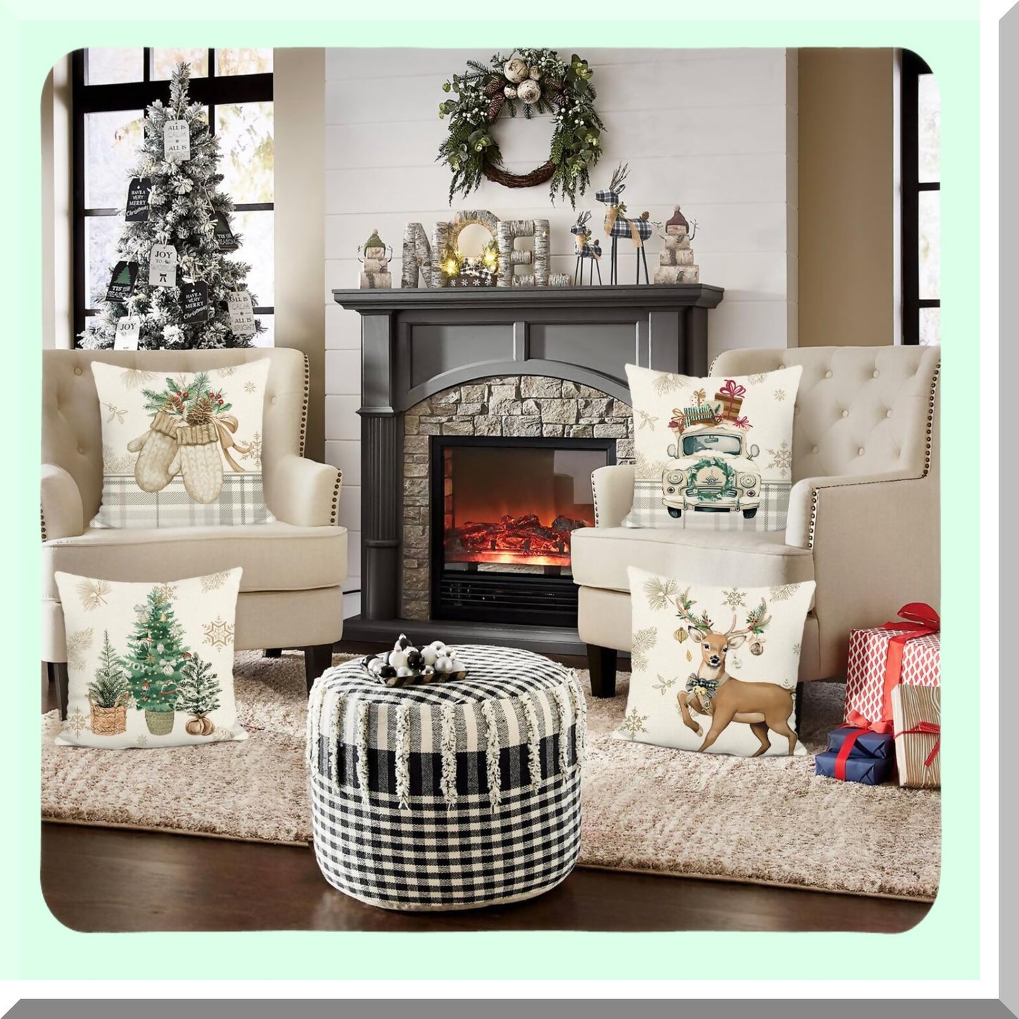 Frosty Forest Holiday Pillow Covers - Set of 4 Winter Reindeer 18x18 Inch Decorative Pillows for Sofa Couch Home Decor with Tree Truck Gloves