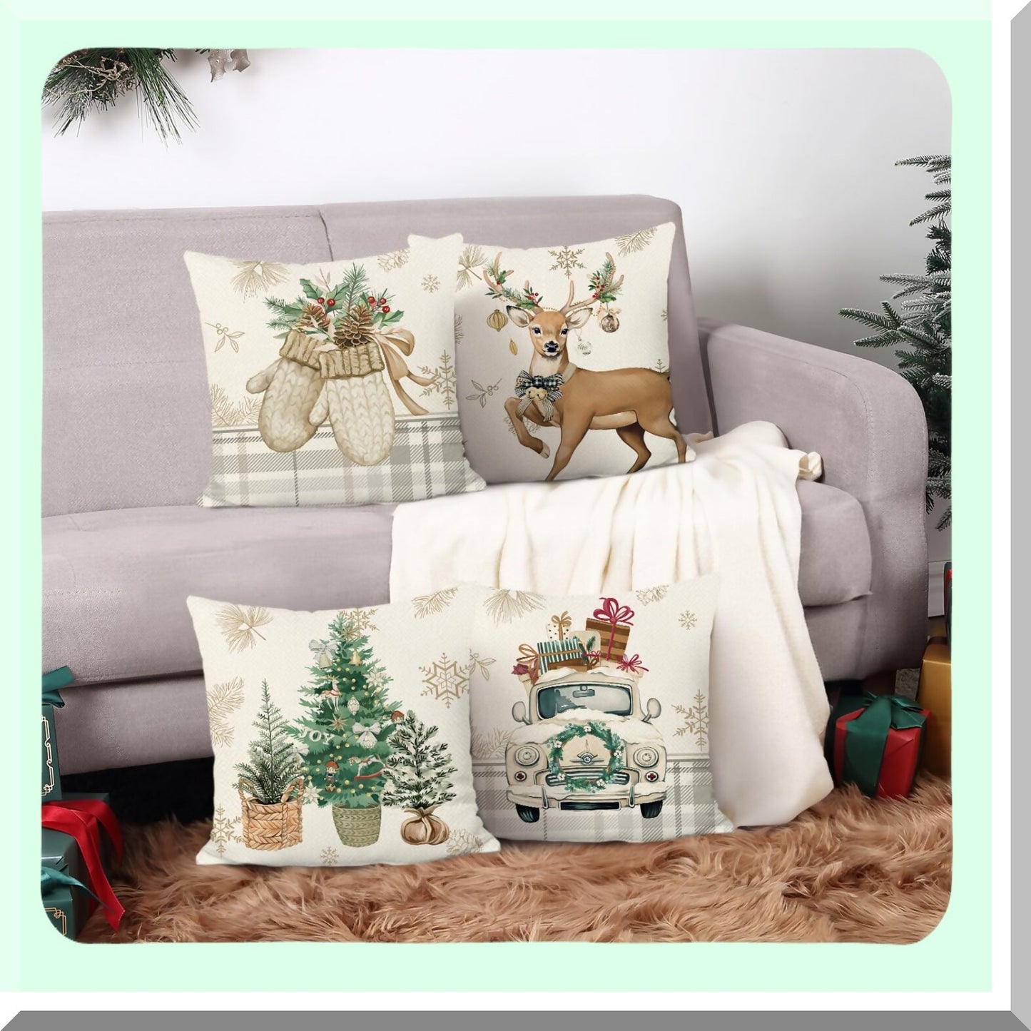 Frosty Forest Holiday Pillow Covers - Set of 4 Winter Reindeer 18x18 Inch Decorative Pillows for Sofa Couch Home Decor with Tree Truck Gloves