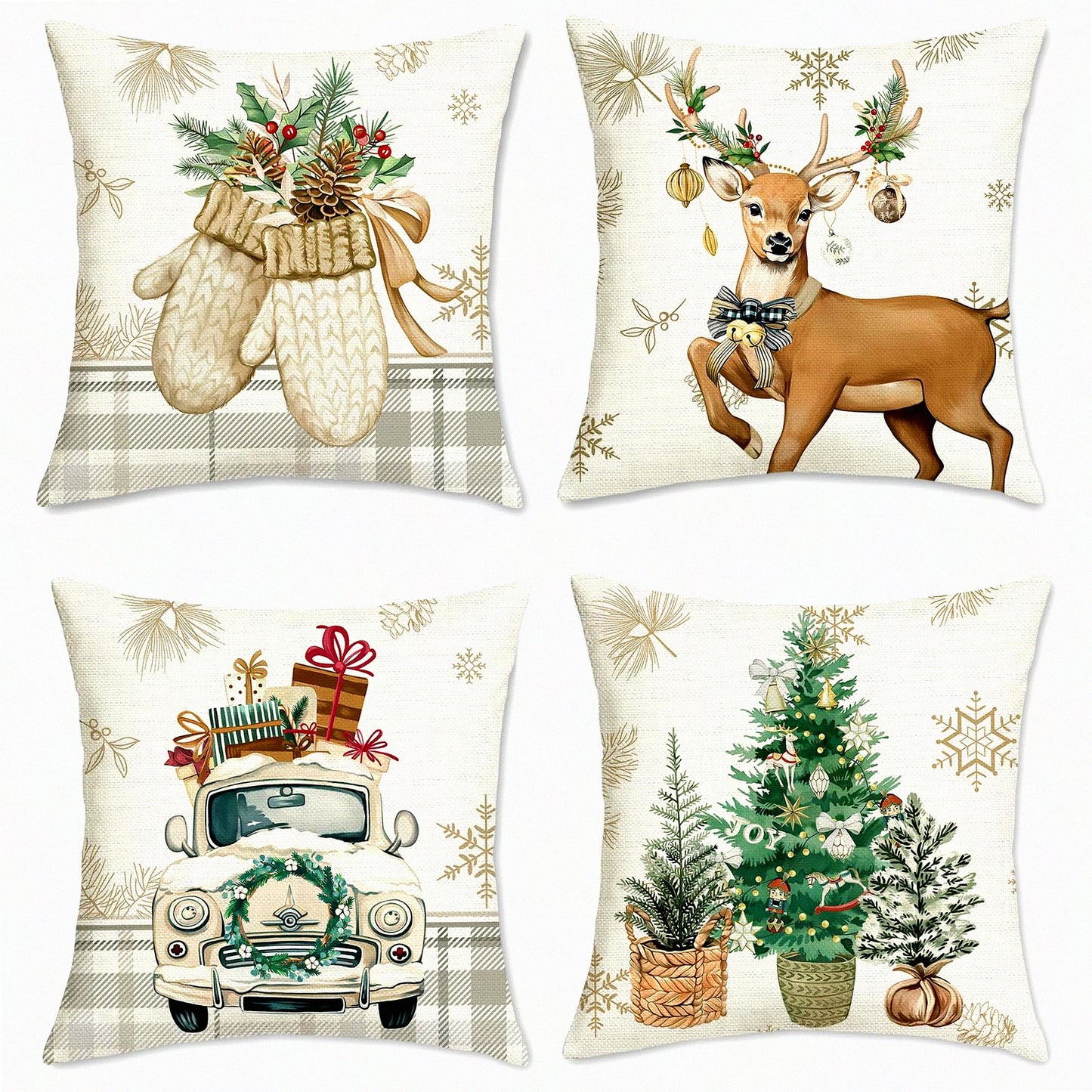 Frosty Forest Holiday Pillow Covers - Set of 4 Winter Reindeer 18x18 Inch Decorative Pillows for Sofa Couch Home Decor with Tree Truck Gloves