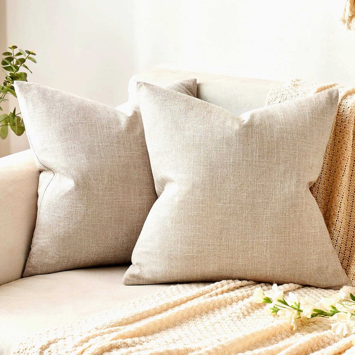 Taupe Linen Burlap Decorative Pillow Covers - Set of 2 | Solid Square Throw Cushion Cases for Sofa, Car, Couch | 18x18 Inch 45x45 cm