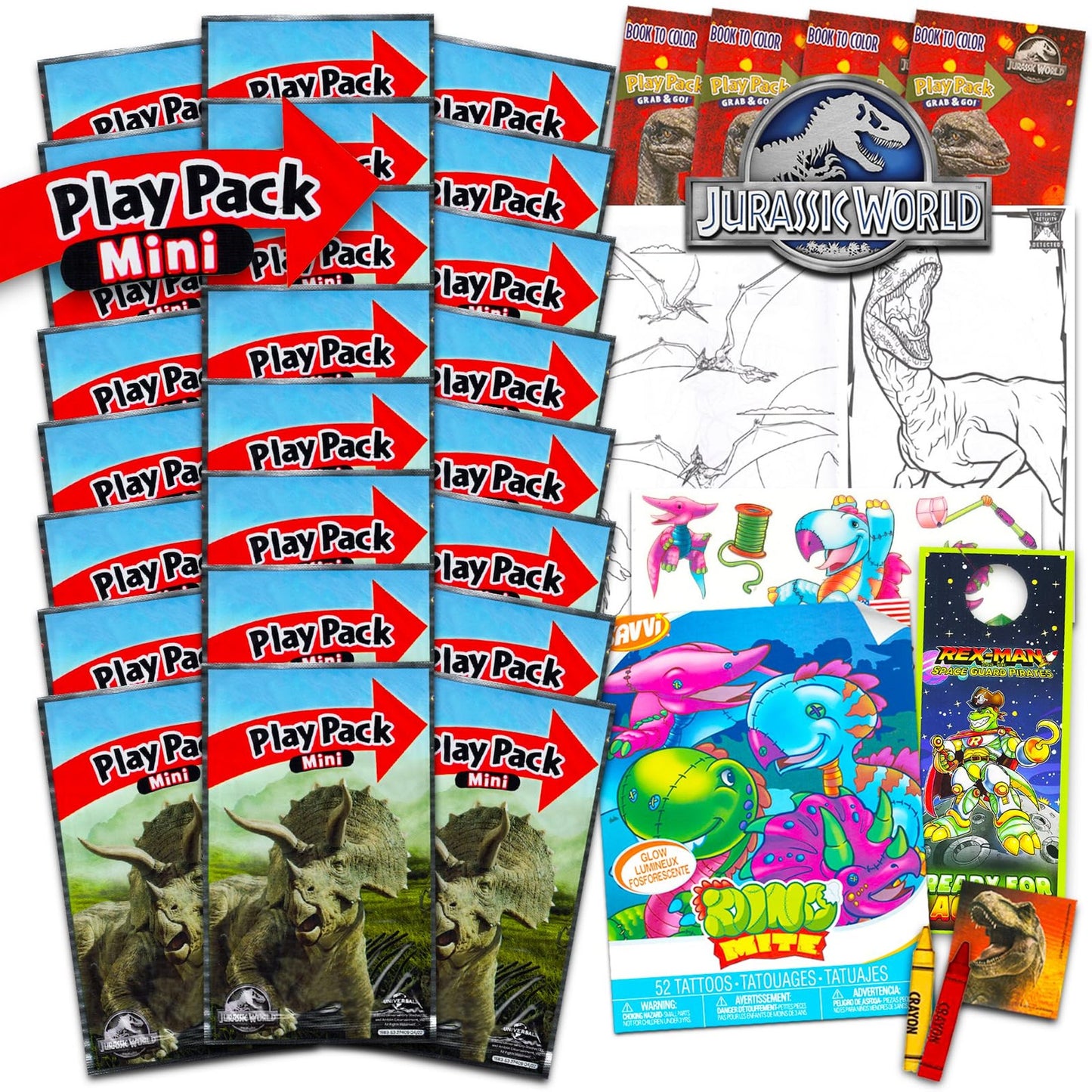Dino Fun Pack - 24 Mini Jurassic World Play Packs with Coloring Pages, Stickers & More! Perfect for Dinosaur T-Rex Birthday Party Favors Bundle