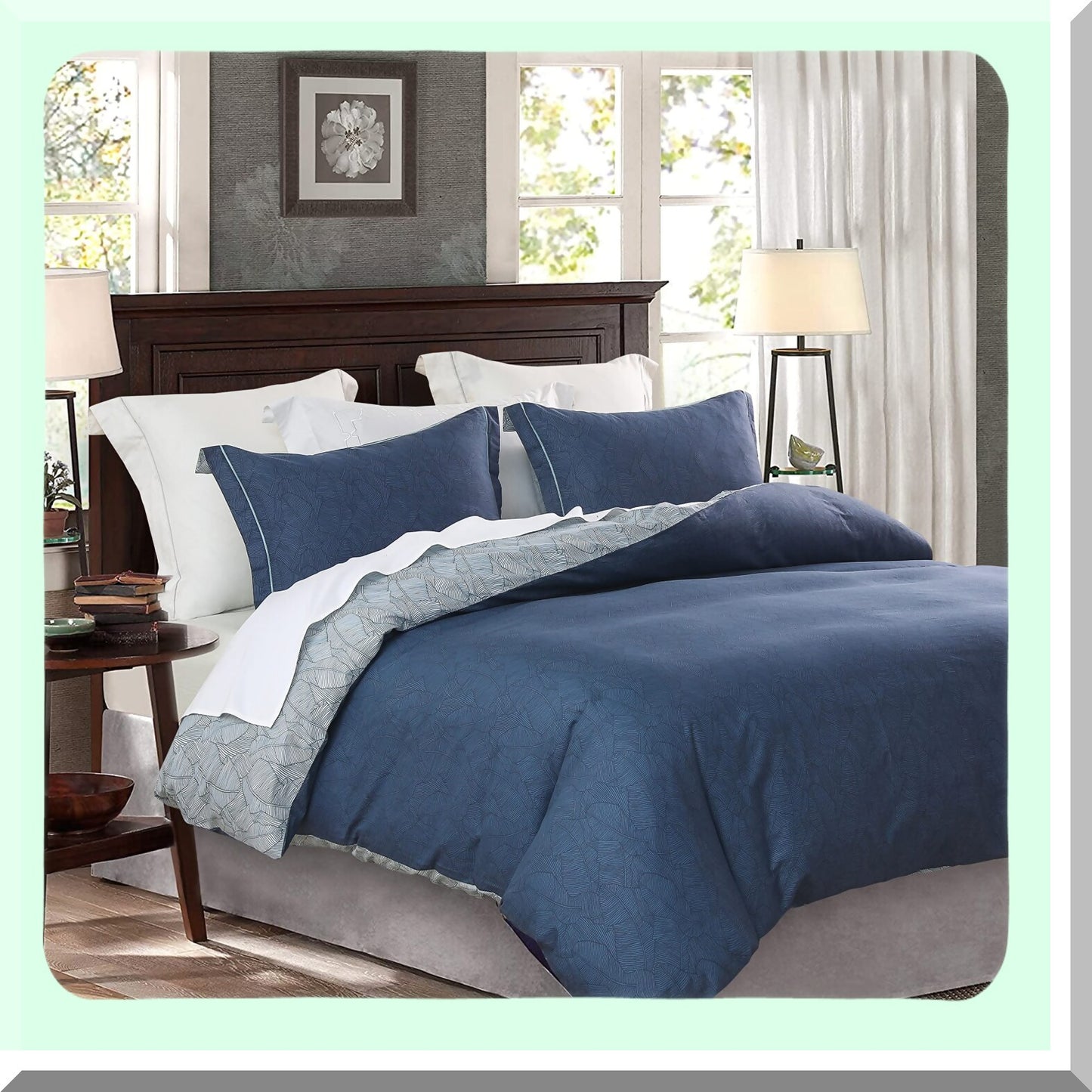 Luxury Leafy Comforter Set - Queen Size 600TC Cotton, Reversible Navy Grey Leaves Design, Down Alternative Bedding - 3 Piece Set (Navy & Blue)