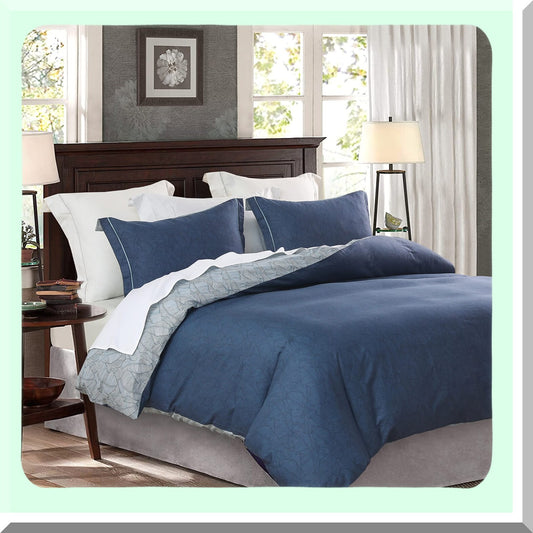 Luxury Leafy Comforter Set - Queen Size 600TC Cotton, Reversible Navy Grey Leaves Design, Down Alternative Bedding - 3 Piece Set (Navy & Blue)